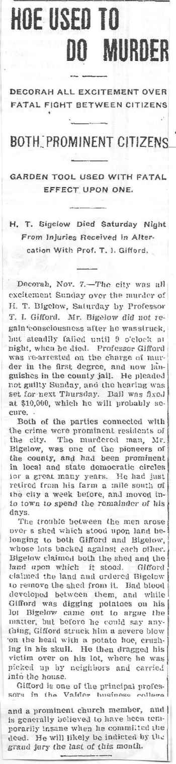 Bigelow Murder Waterloo Daily Courier Monday Nov. 7, 1904